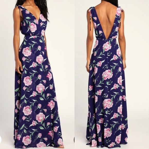 Lulus Dresses & Skirts - Lulu’s New V-Neck Sleeveless Navy Floral Print Maxi Prom Bridesmaid Dress Size M
